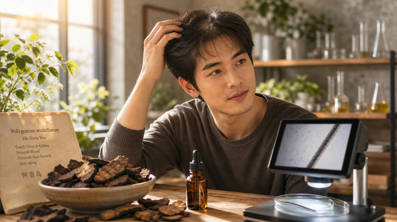 Homem observando amostras de plantas secas enquanto examina fio de cabelo em microscópio digital na mesa.