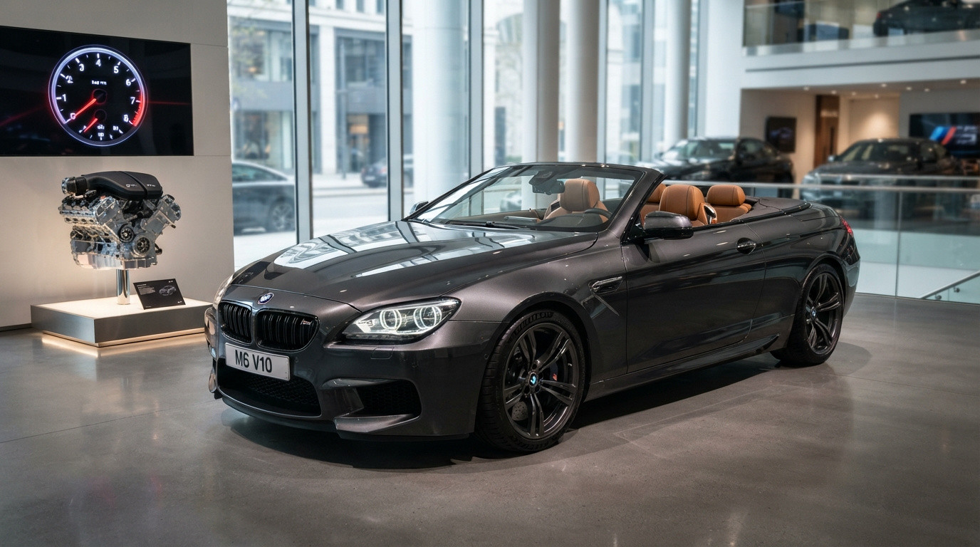 Carro conversível BMW M6 V10 preto exibido em showroom moderno com motor e mostrador de conta-giros.