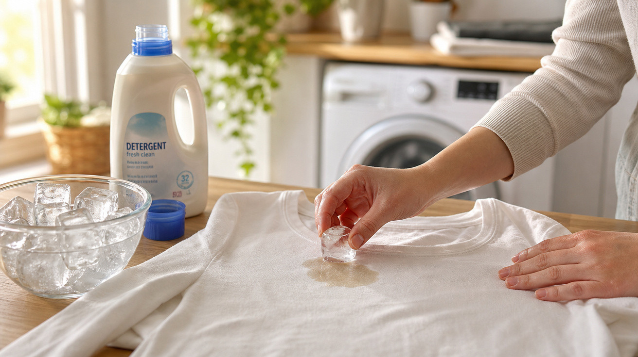 Pessoa usando gelo para remover mancha de líquido em camiseta branca sobre mesa com detergente ao fundo.