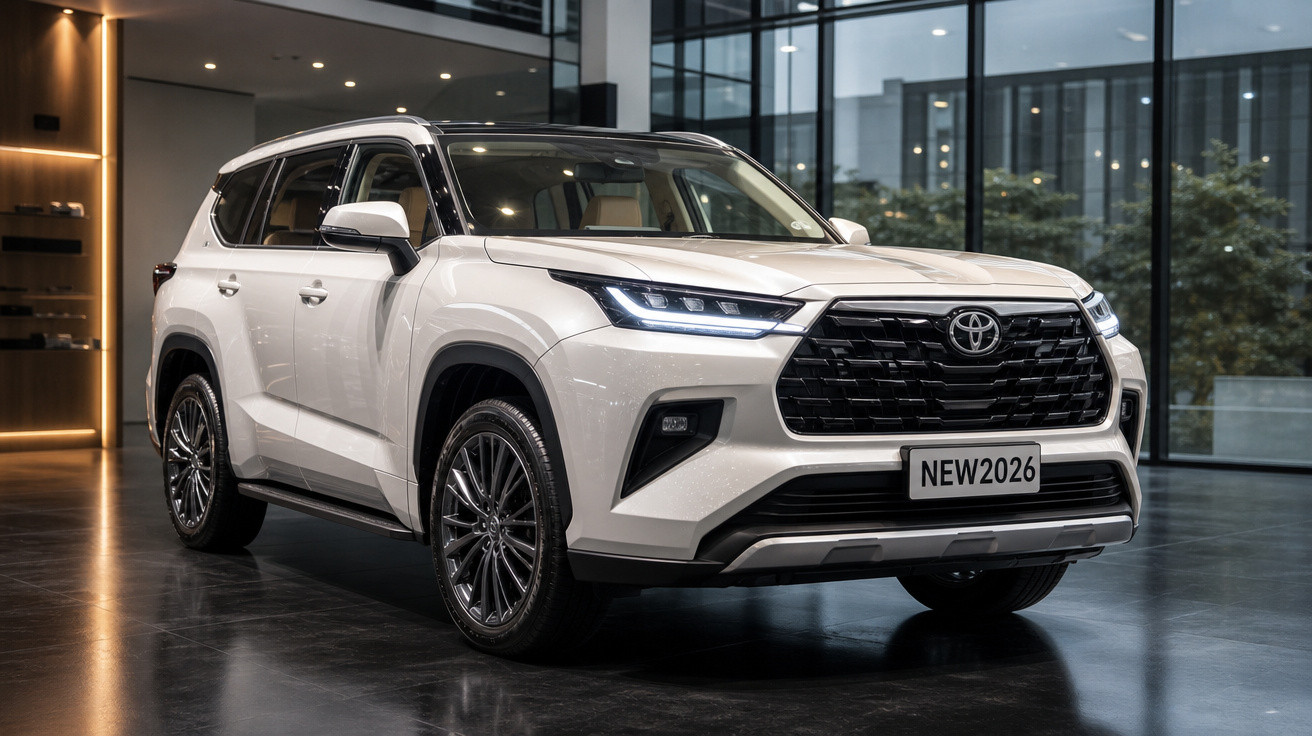 SUV branco da Toyota modelo 2026 em exposição dentro de showroom moderno com teto de vidro.