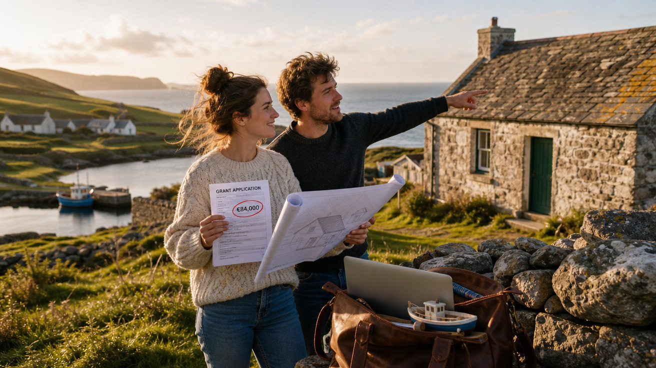Casal jovem em área rural perto do mar, segurando planta baixa e documento de financiamento para casa.