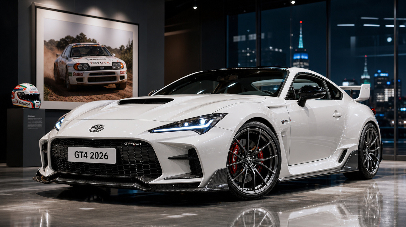 Carro esportivo branco Toyota GR GT4 2026 em exposição interna com cidade iluminada ao fundo.