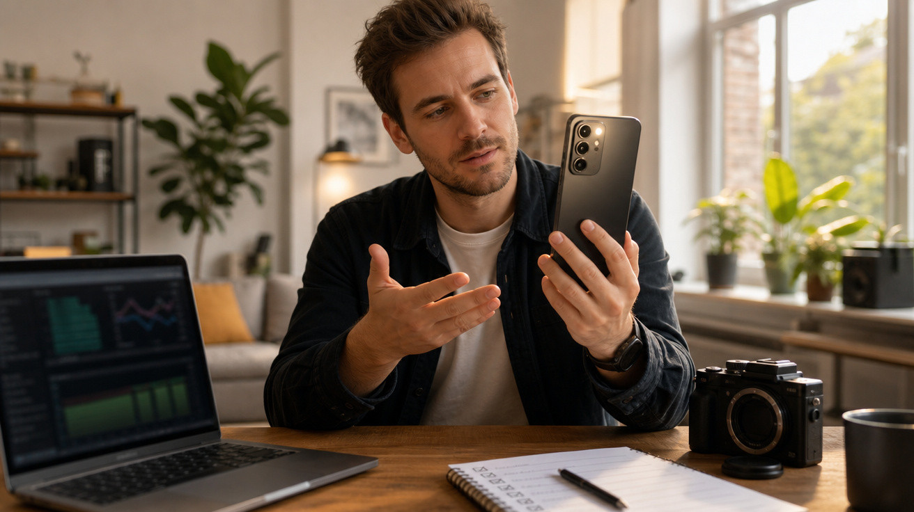 Homem com expressão pensativa olhando para celular em mesa com laptop, caderno e câmera em ambiente iluminado.