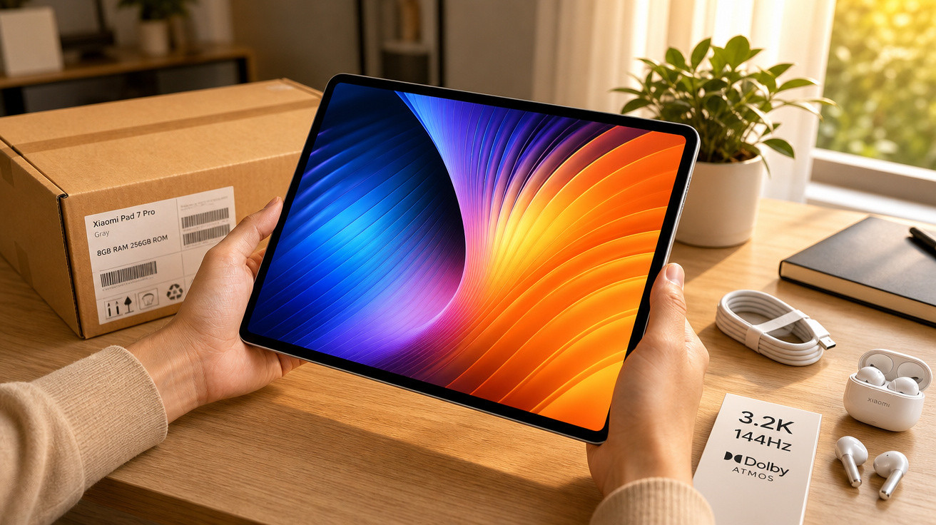 Pessoa segurando tablet Xiaomi Pad 7 Pro com caixa, carregador e fones sobre mesa de madeira.