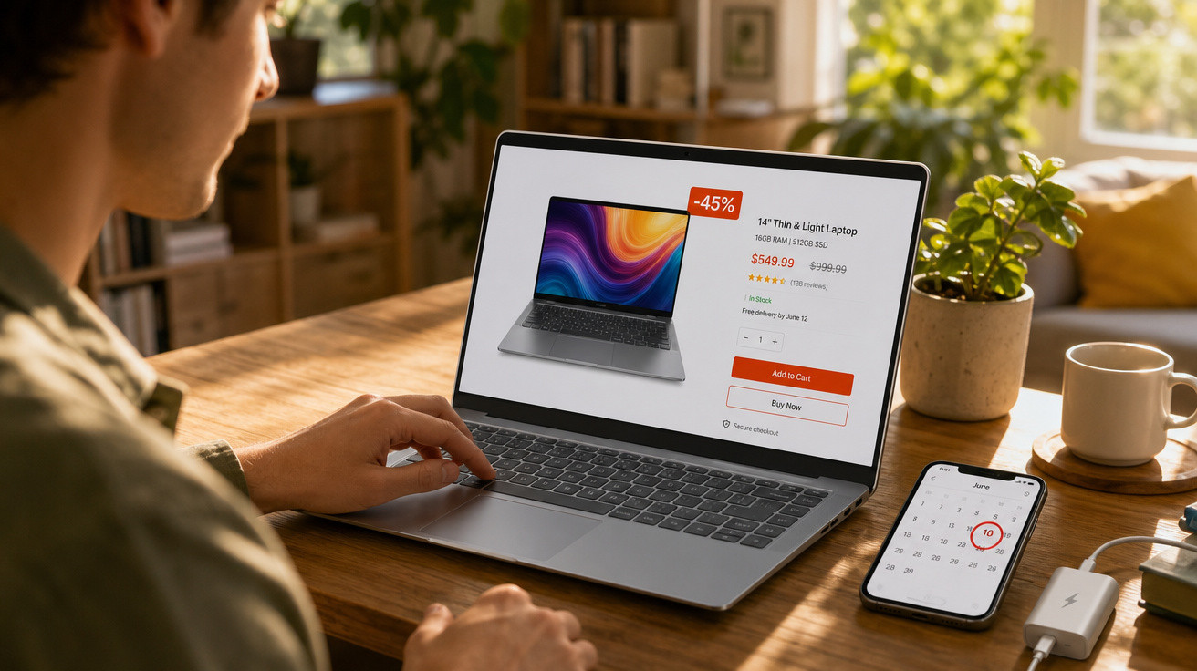 Pessoa usando laptop para comprar notebook com desconto em mesa com celular, planta e xícara.
