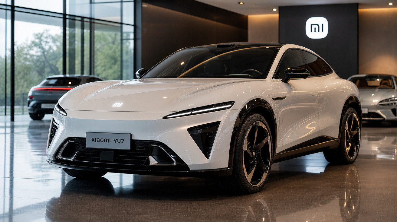 Carro elétrico branco Xiaomi YU7 em showroom com logo da Xiaomi ao fundo e outros carros ao redor.