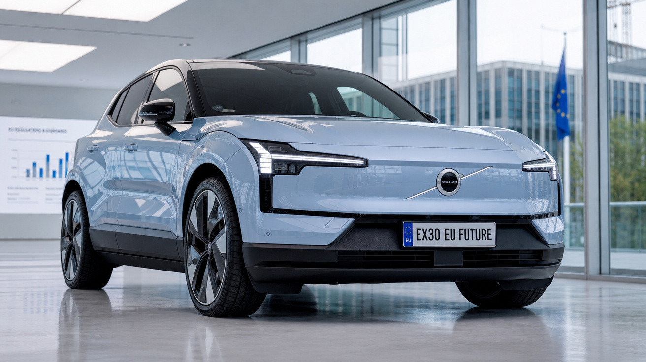 Carro elétrico Volvo EX30 azul dentro de showroom moderno com vidros e prédio ao fundo.