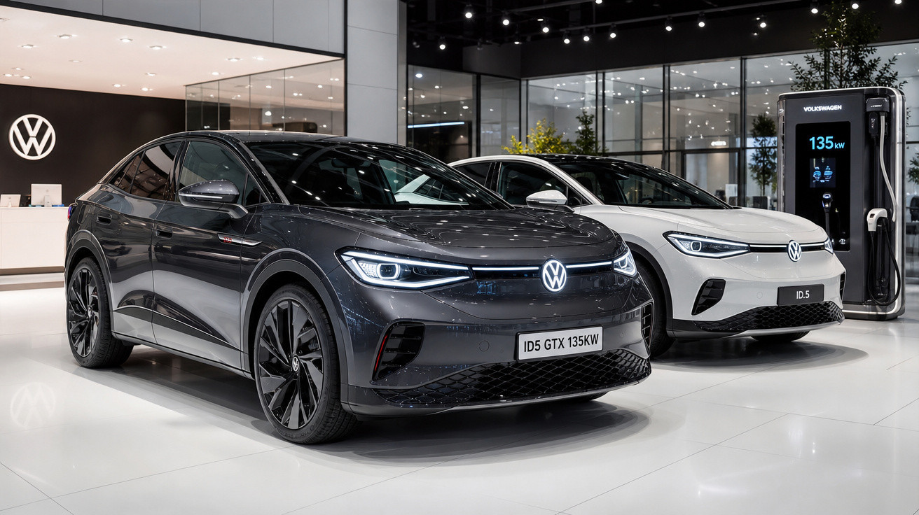 Dois carros elétricos Volkswagen ID.5 em showroom moderno, um preto e outro branco, próximo a estação de recarga.