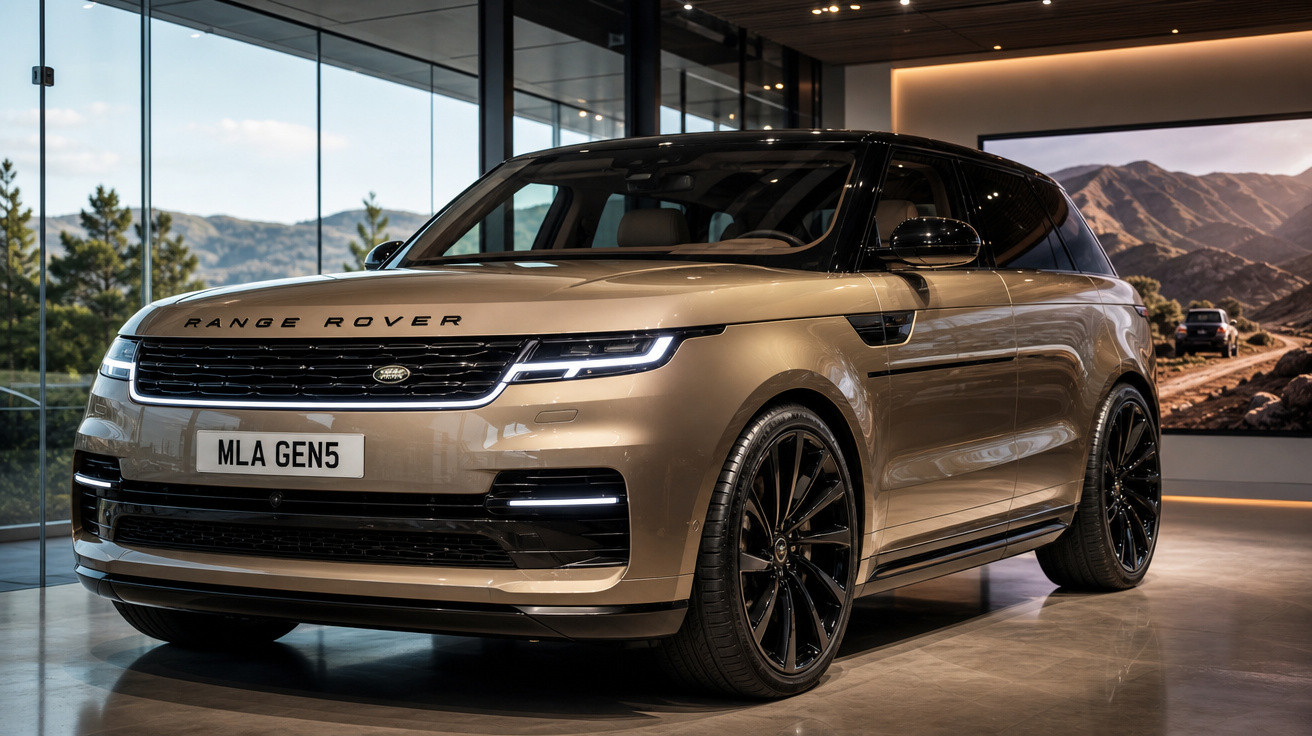 SUV Range Rover dourado estacionado em showroom moderno com grandes janelas e decoração minimalista.