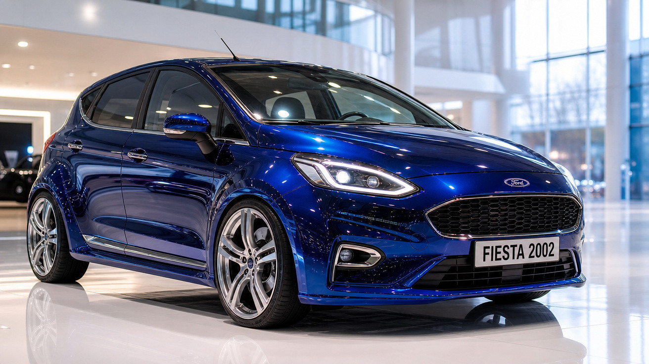 Carro hatch azul Ford Fiesta 2002 em ambiente interno moderno, com luzes refletidas na lataria.