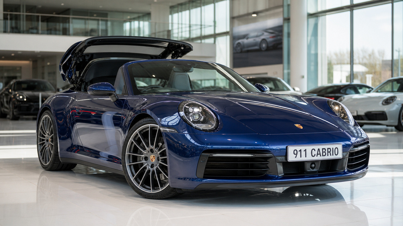 Carro esportivo Porsche 911 Cabriolet azul escuro em showroom com capota conversível aberta.