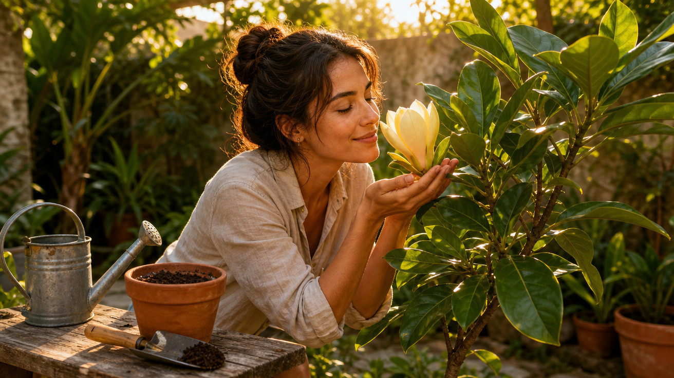 Mulher sorrindo cheirando flor branca em planta, com regador e vasos de barro em mesa de madeira.