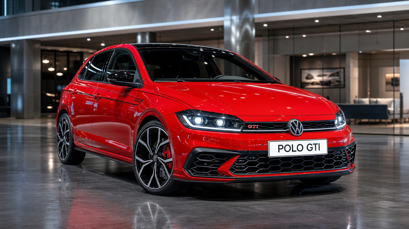 Carro esportivo vermelho Volkswagen Polo GTI estacionado em piso de concreto sob iluminação interna.