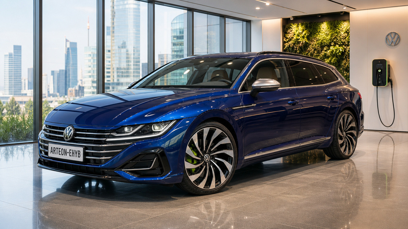 Carro Volkswagen Arteon Azul em showroom moderno com vista para edifícios pela janela.