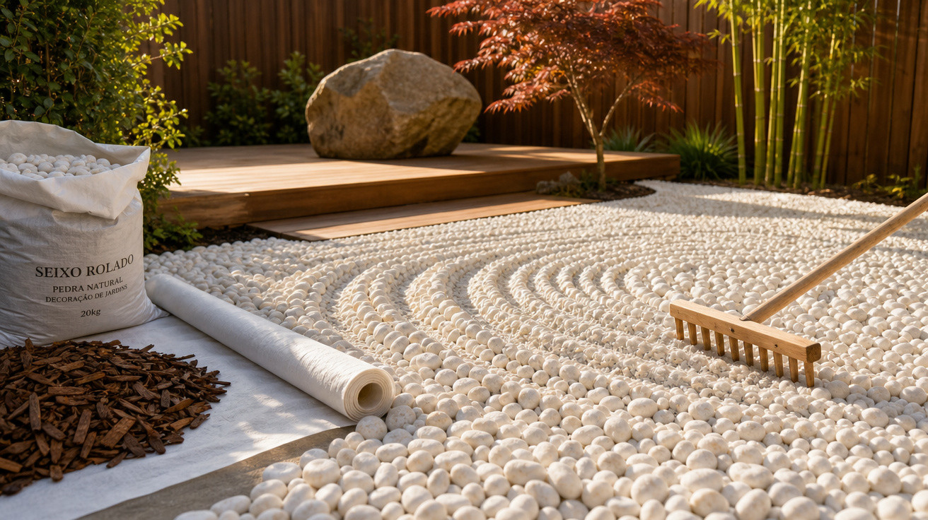 Jardim zen com pedras brancas organizadas em círculos, ancinho de madeira, vasos e varanda de madeira.