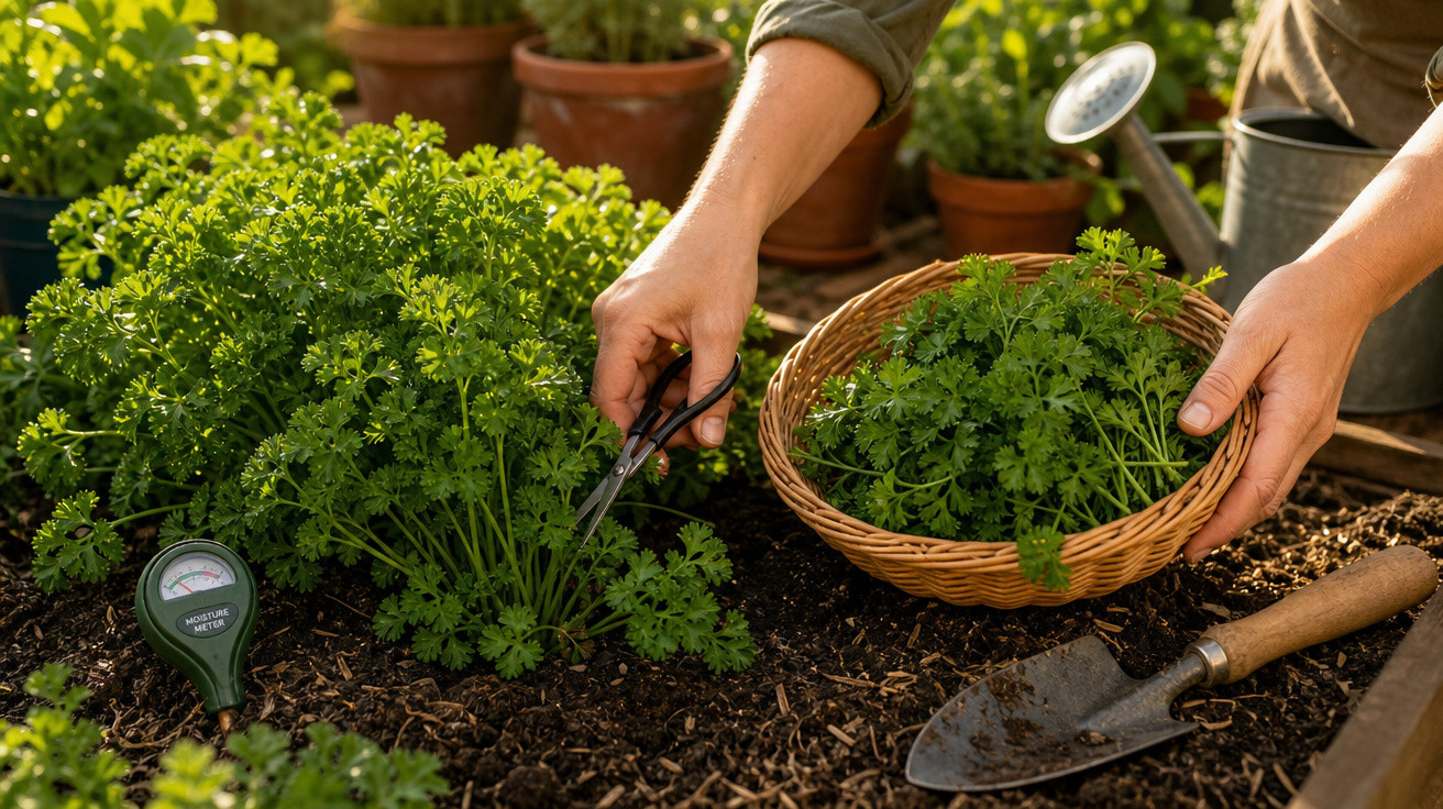 Pessoa colhendo salsa em jardim com tesoura, cesta, regador e ferramenta de jardinagem.