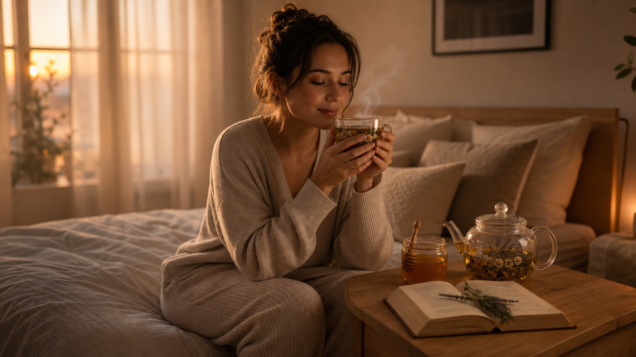 Mulher relaxando em quarto acolhedor, segurando xícara de chá quente próximo ao rosto, com livro aberto na mesa.