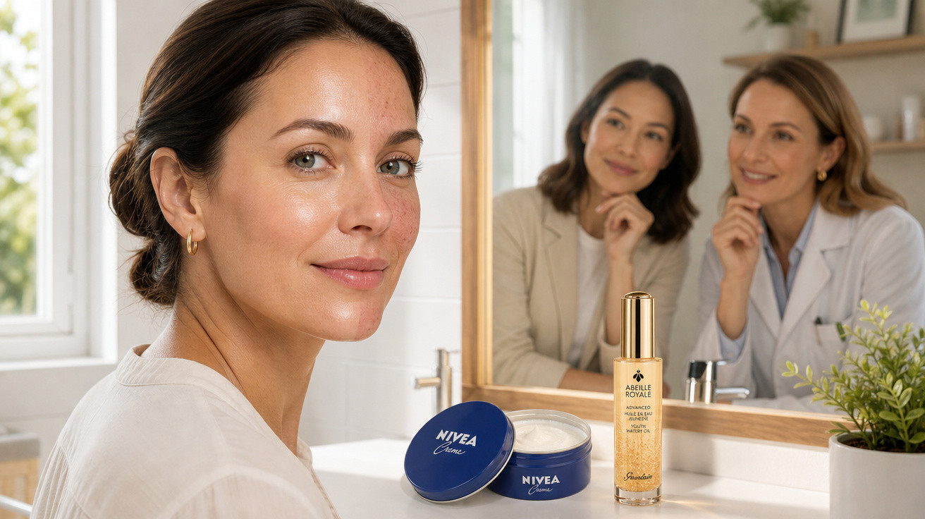 Mulher com pele saudável sorrindo, com cremes Nivea e Guerlain na bancada do banheiro.