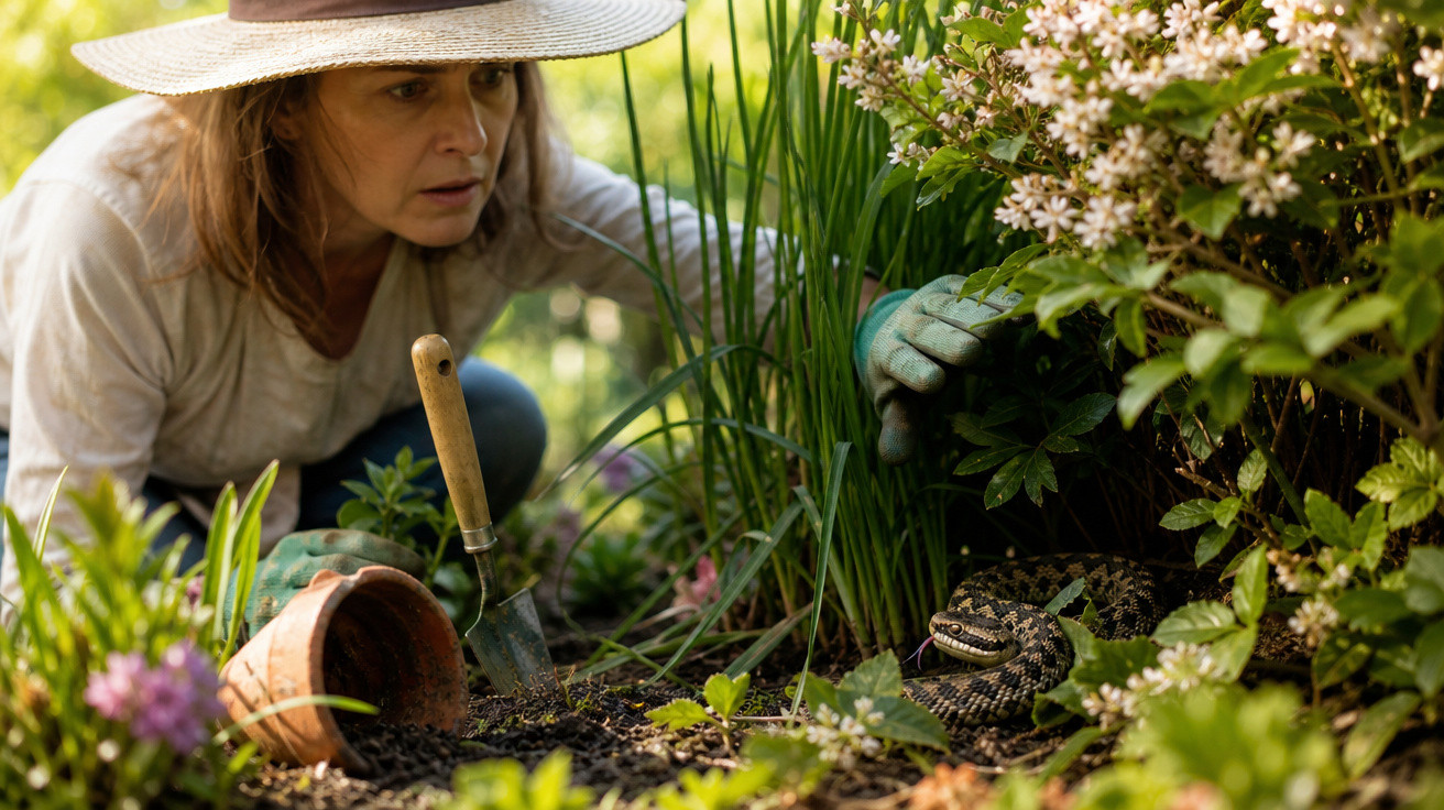 Mulher com chapéu observa cobra escondida entre plantas em jardim, enquanto outra mão segura folhagem.