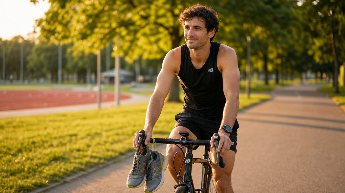Homem sorridente de regata negra andando de bicicleta segurando tênis com parque ao fundo.