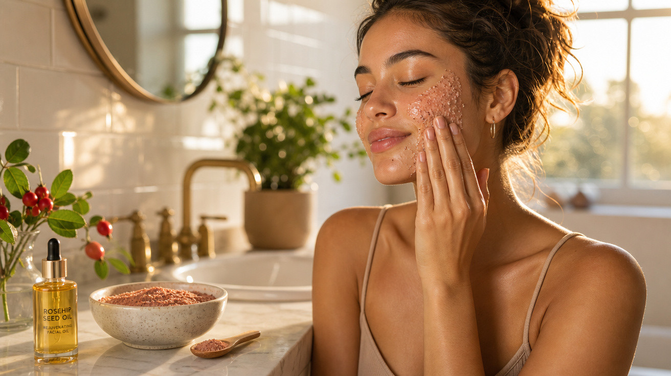 Mulher aplicando esfoliante facial com olhos fechados em banheiro iluminado pela luz natural.