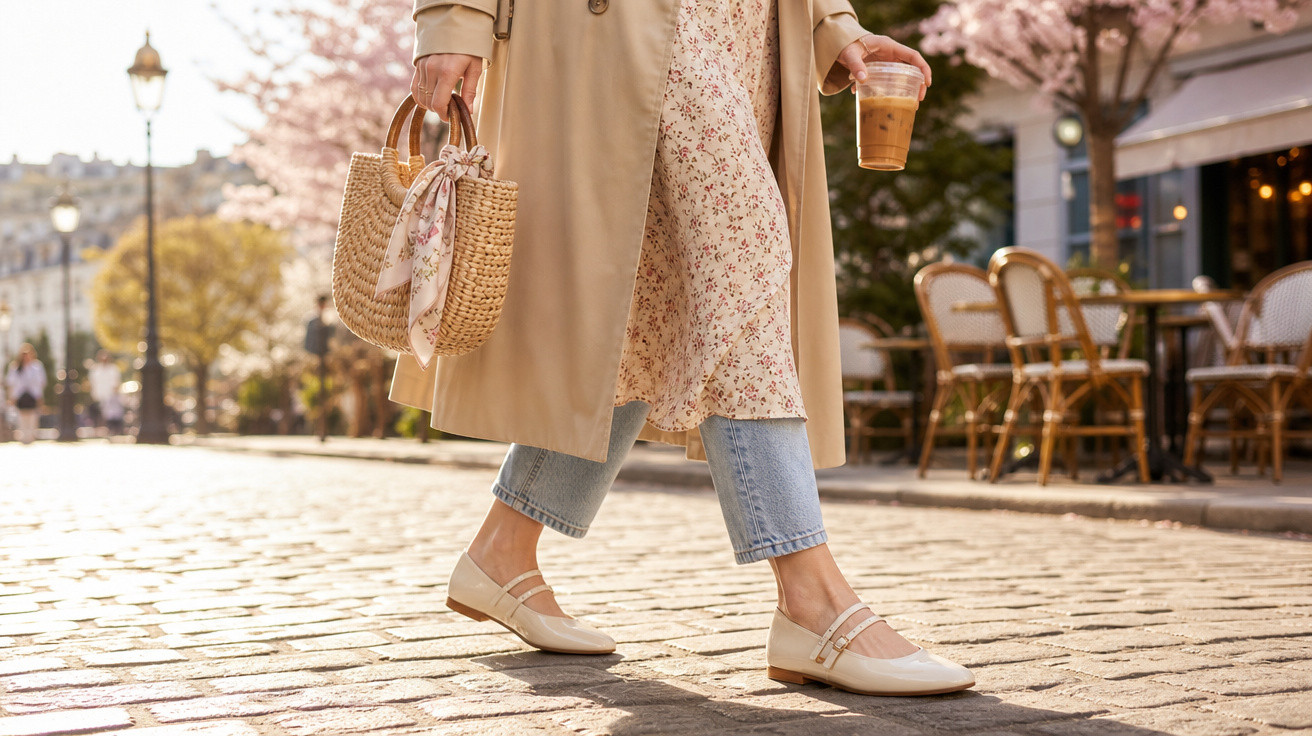 Pessoa caminhando em rua de paralelepípedo com bolsa de palha e café gelado em mãos, usando vestido e casaco.