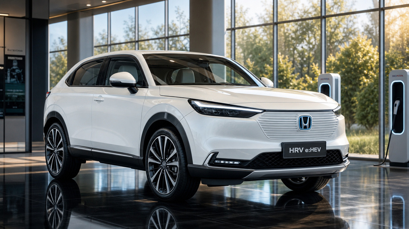 Carro SUV branco Honda HR-V e:HEV estacionado em espaço interno moderno com carregadores elétricos ao fundo.