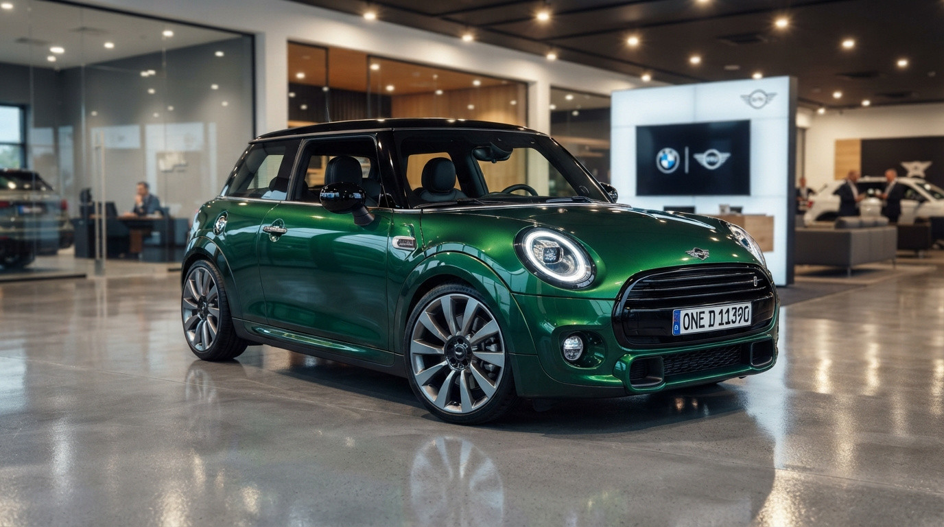 Carro Mini Cooper verde escuro com teto preto em salão de exposição moderno e iluminado.