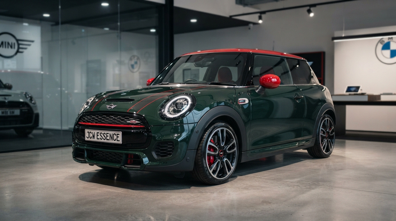 Carro Mini Cooper JCW Essence verde com teto vermelho em showroom com piso cinza.