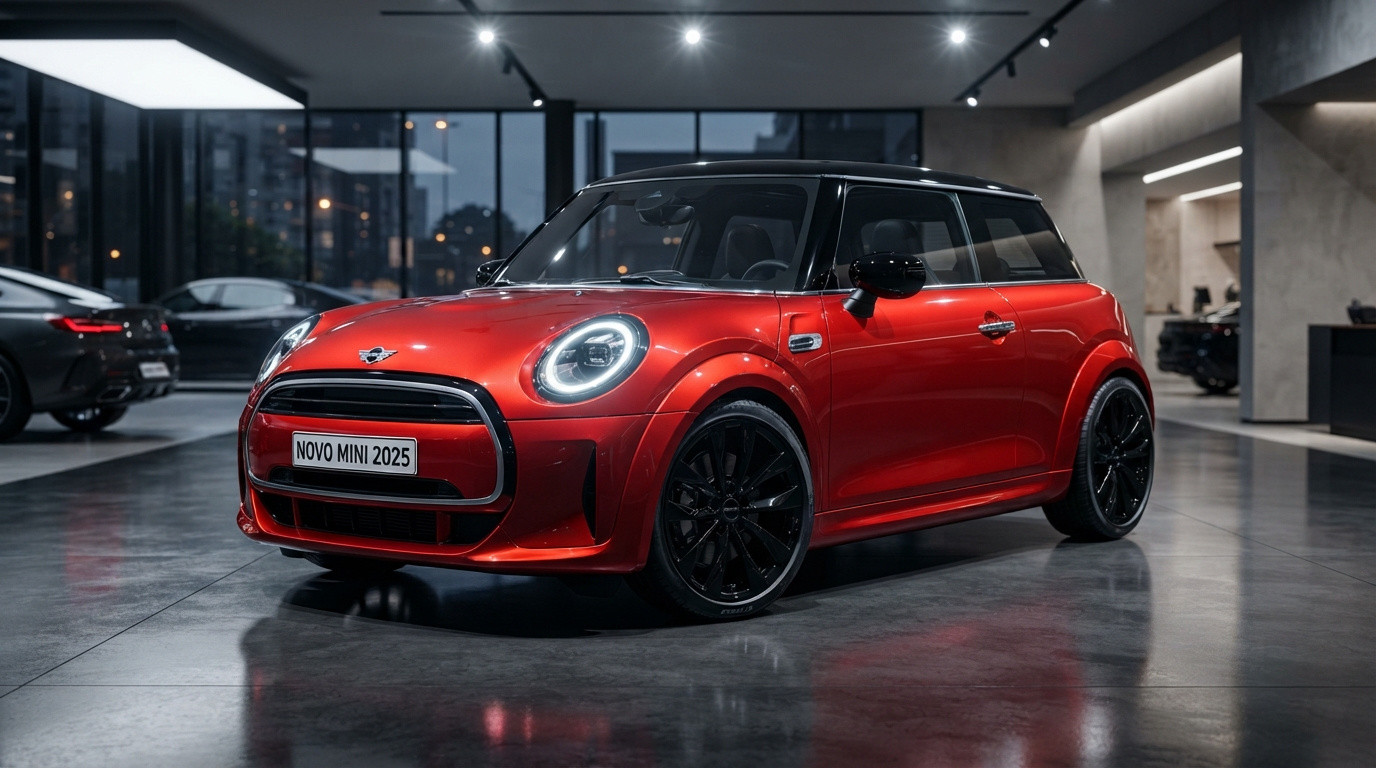 Carro MINI 2025 vermelho com teto preto exibido em showroom moderno e iluminado.
