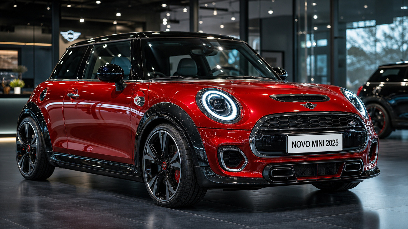 Carro Mini Cooper vermelho 2025 com teto preto em showroom moderno e iluminação ambiente.