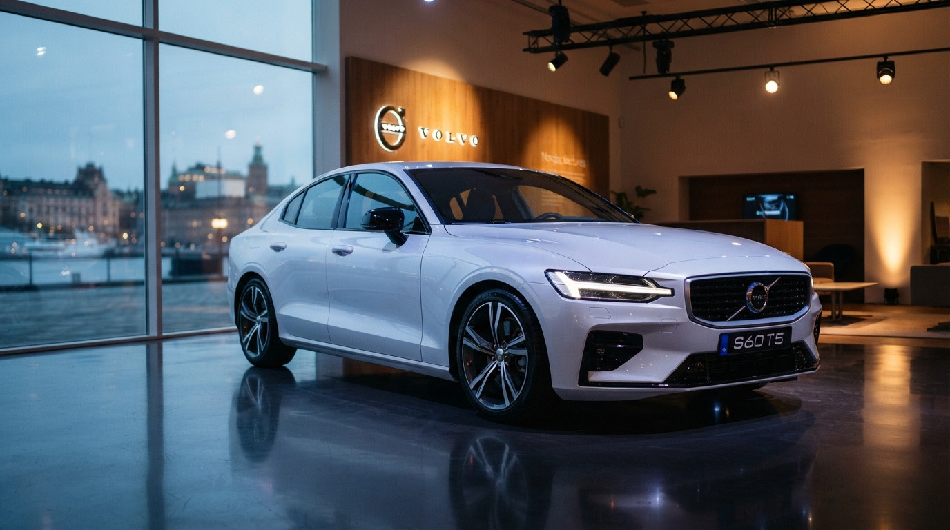Carro branco Volvo S60 T5 exposto em showroom moderno com iluminação quente e vidro panorâmico.