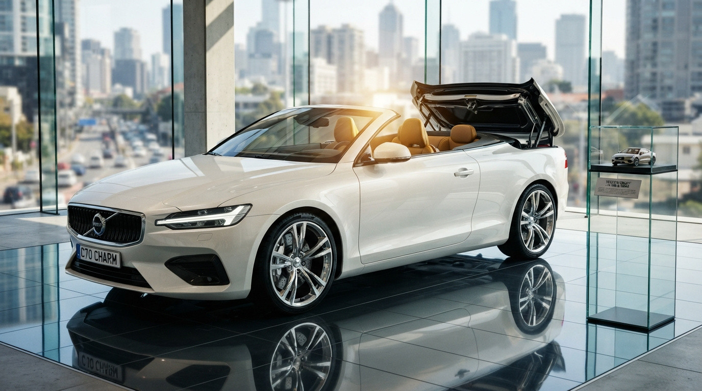 Carro conversível branco Volvo C70 Charm em exposição com teto retrátil parcialmente aberto.