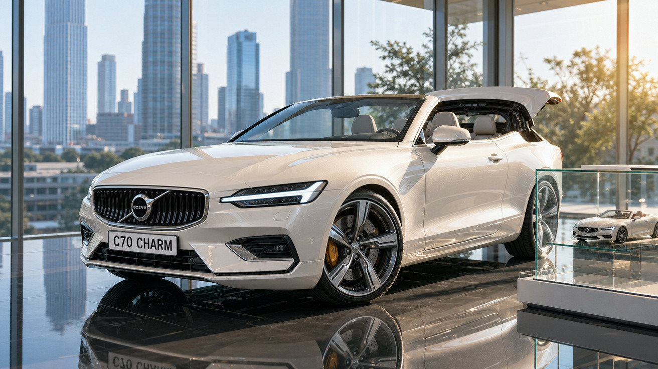 Carro conversível Volvo C70 branco exposto em showroom moderno com grandes janelas e vista para cidade.