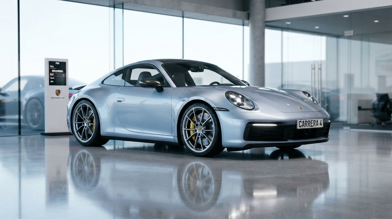 Carro esportivo Porsche Carrera 4 prata exibido em showroom com piso refletivo e paredes de vidro.