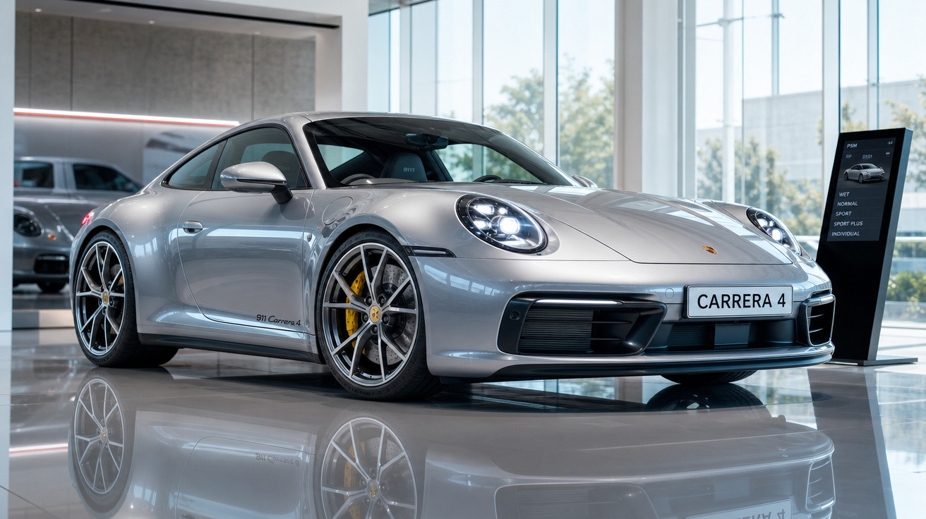 Carro esportivo prata Porsche 911 Carrera 4 exibido em showroom moderno com piso refletivo.