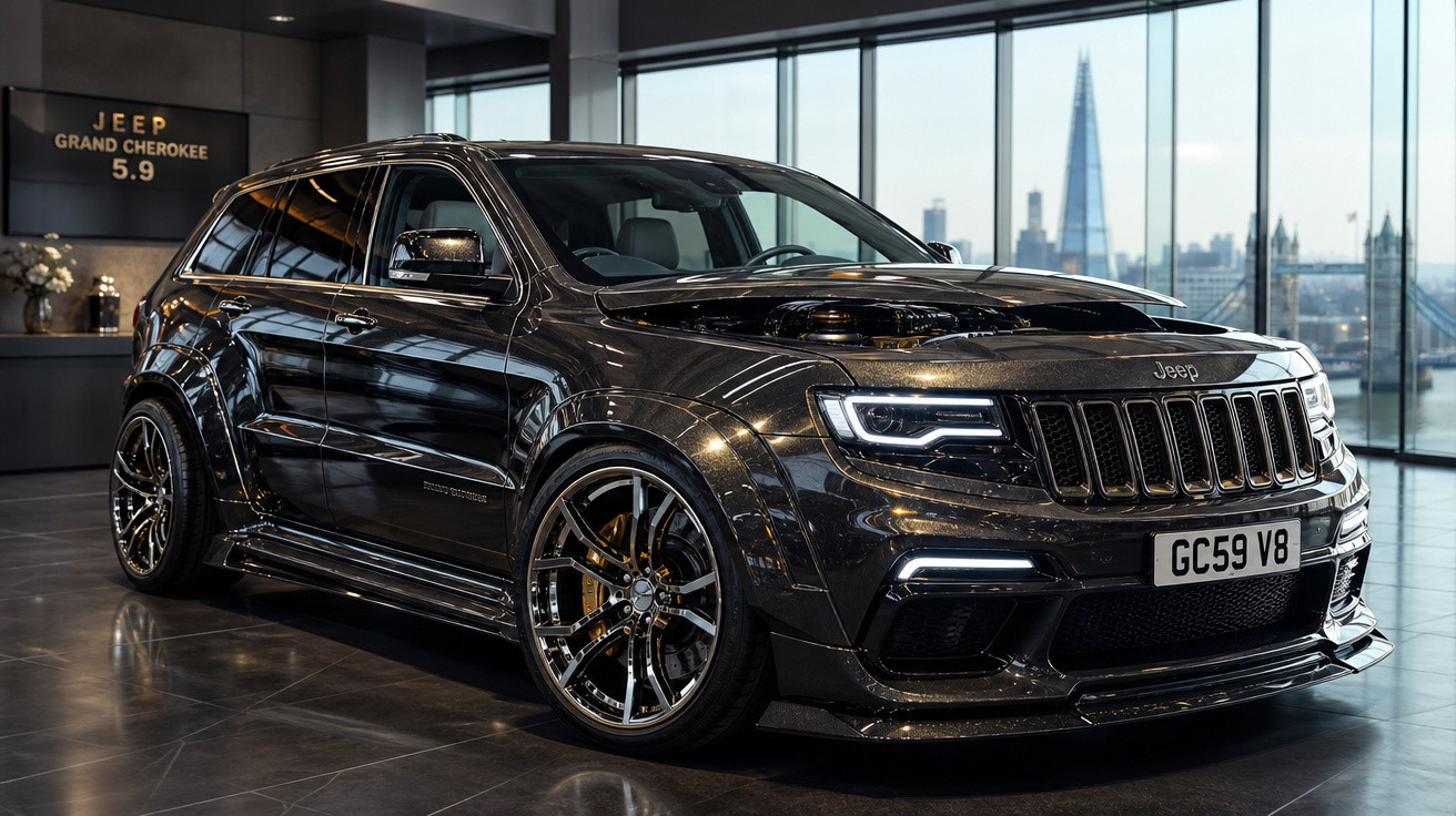 Jeep Grand Cherokee 5.9 preto personalizado em showroom com janelas amplas e vista urbana ao fundo.