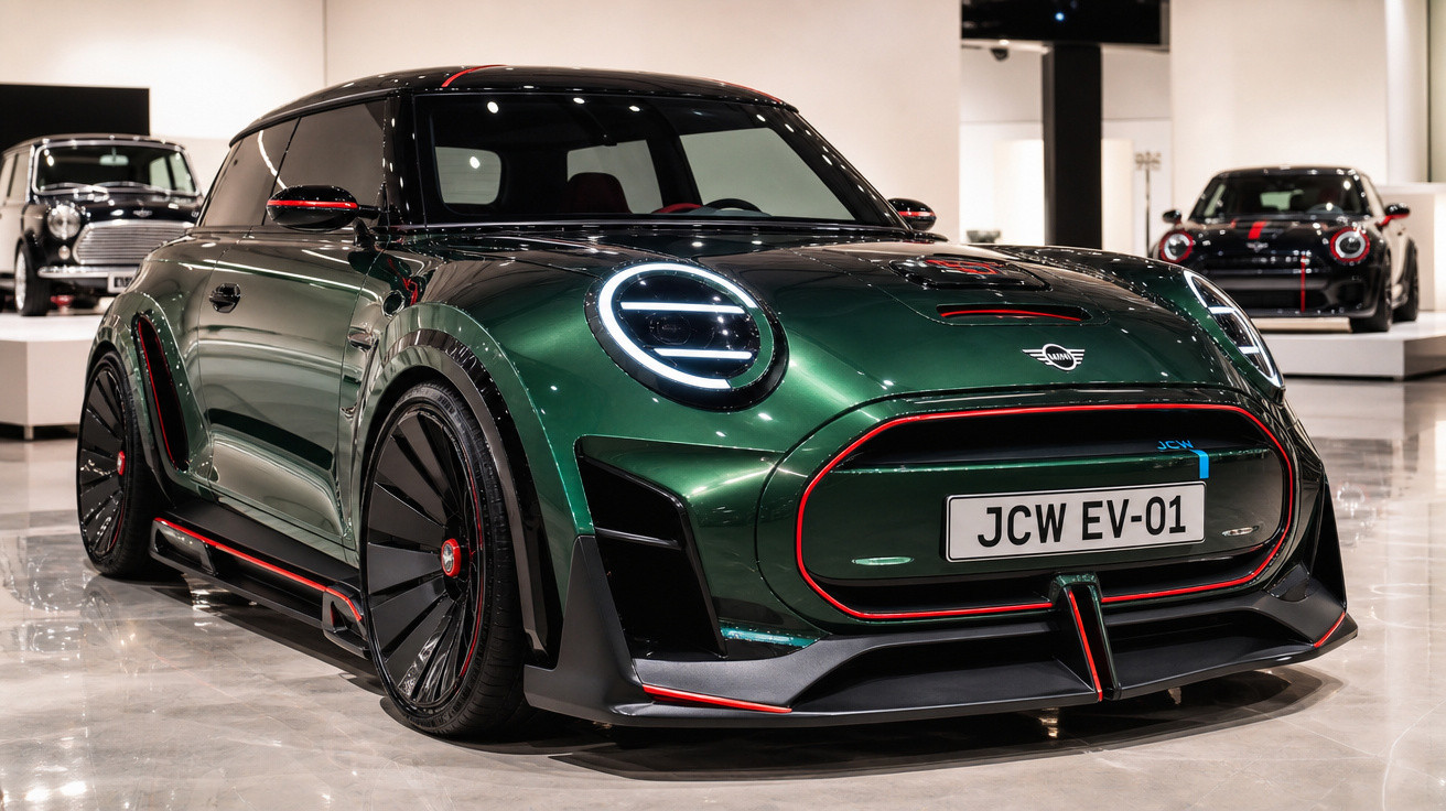 Carro esportivo elétrico Mini John Cooper Works EV-01 verde metálico em exposição interna.