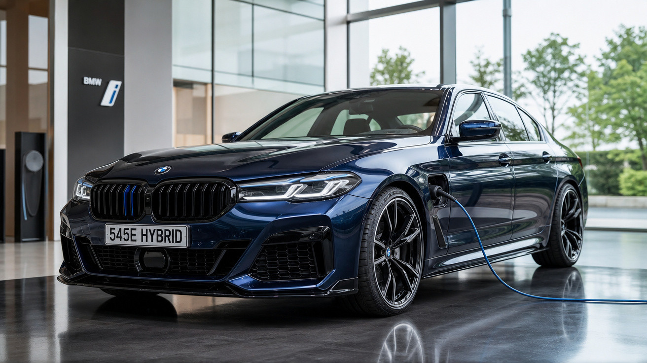 Carro elétrico BMW 545e Hybrid azul carregando em ambiente interno moderno e iluminado.