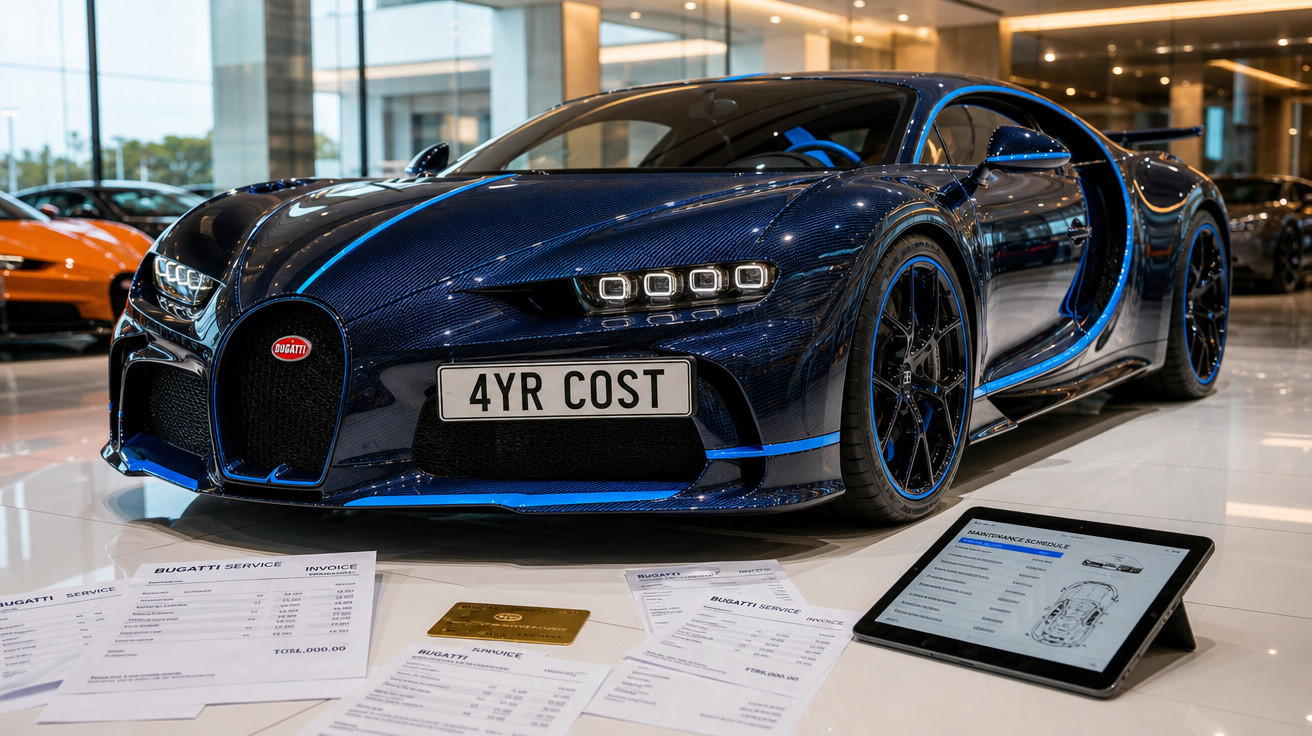 Carro esportivo Bugatti azul exibido em showroom com documentos e tablet à frente.