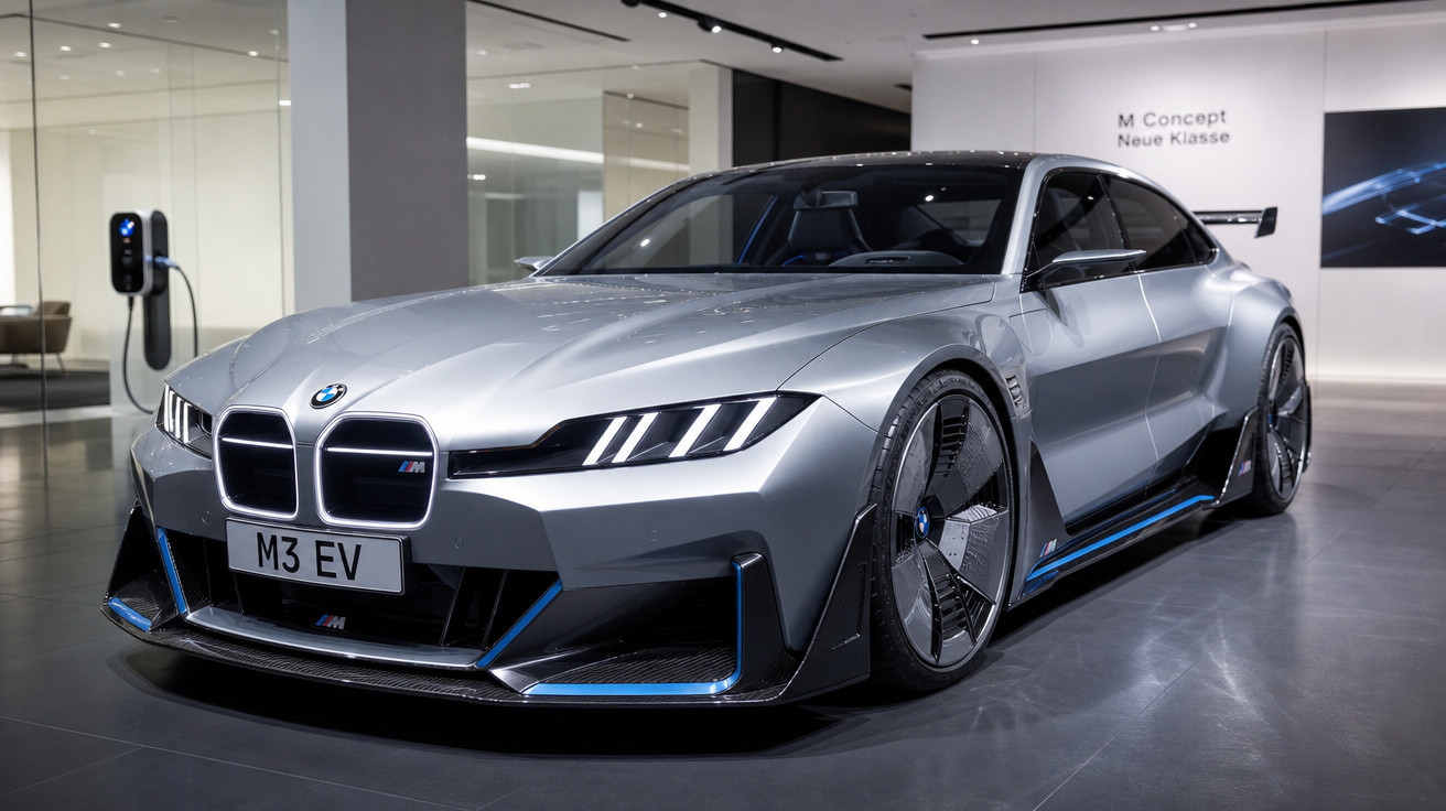 Carro esportivo elétrico BMW prata modelo M3 EV exibido em showroom moderno.