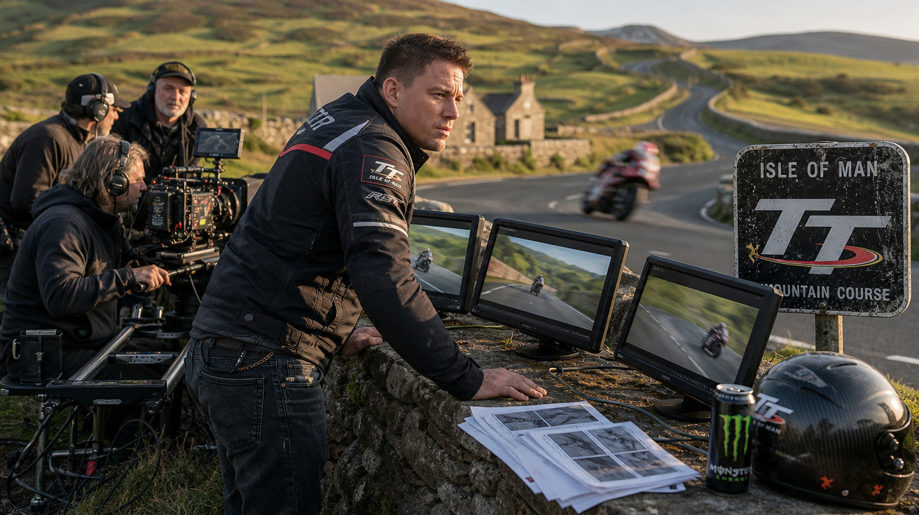 Homem observa tela de três monitores junto a equipe de filmagem em estrada sinuosa com placa Isle of Man TT.