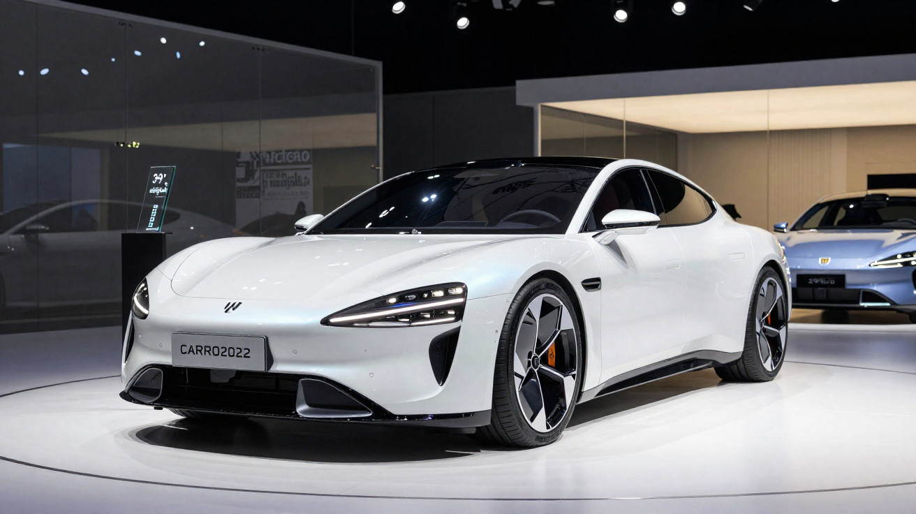 Carro esportivo elétrico branco em exposição, com design moderno e rodas aerodinâmicas.