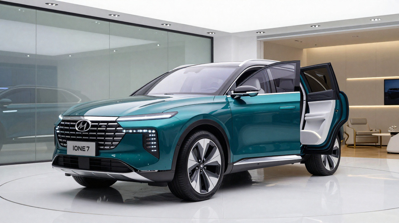 Carro elétrico Hyundai Ioniq 7 verde com porta traseira aberta em showroom moderno branco.