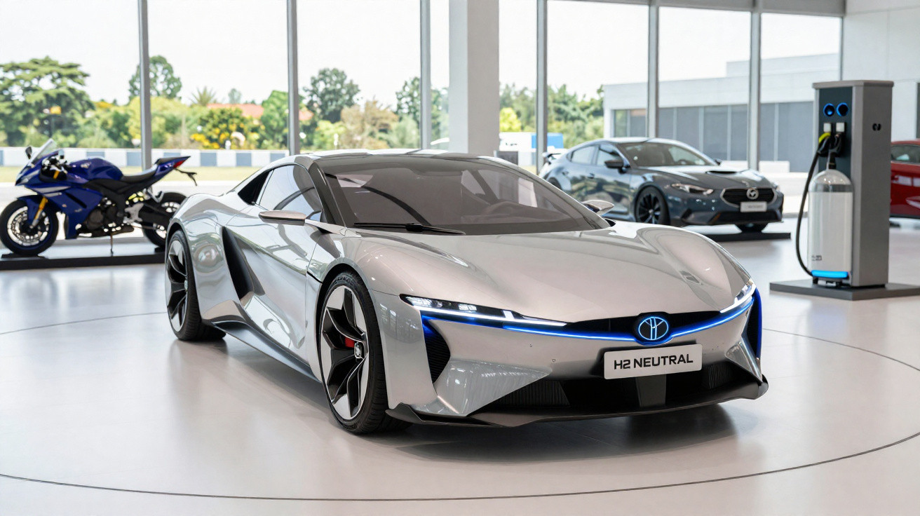 Carro esportivo cinza prata em showroom moderno com motocicleta azul e carro cinza ao fundo.