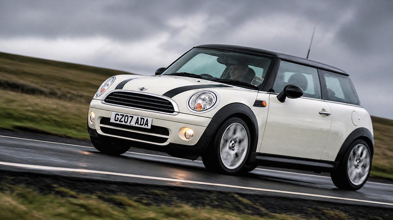 Carro Mini Cooper branco com teto preto dirigindo em estrada molhada sob céu nublado.