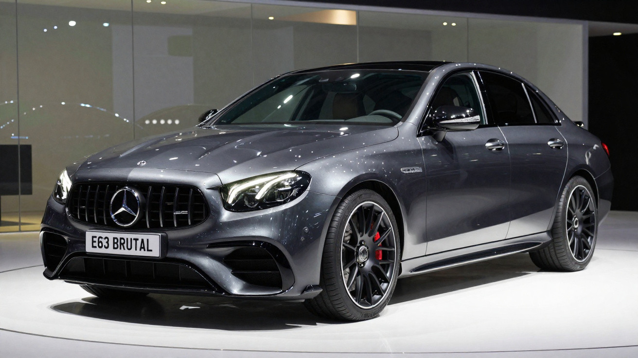 Mercedes-Benz sedã cinza escuro com rodas pretas e detalhes em vermelho, em exposição iluminada.