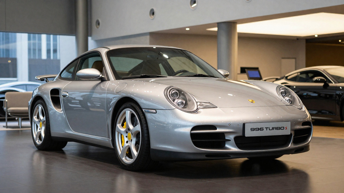 Carro esportivo Porsche 996 Turbo S prata exibido em showroom moderno.