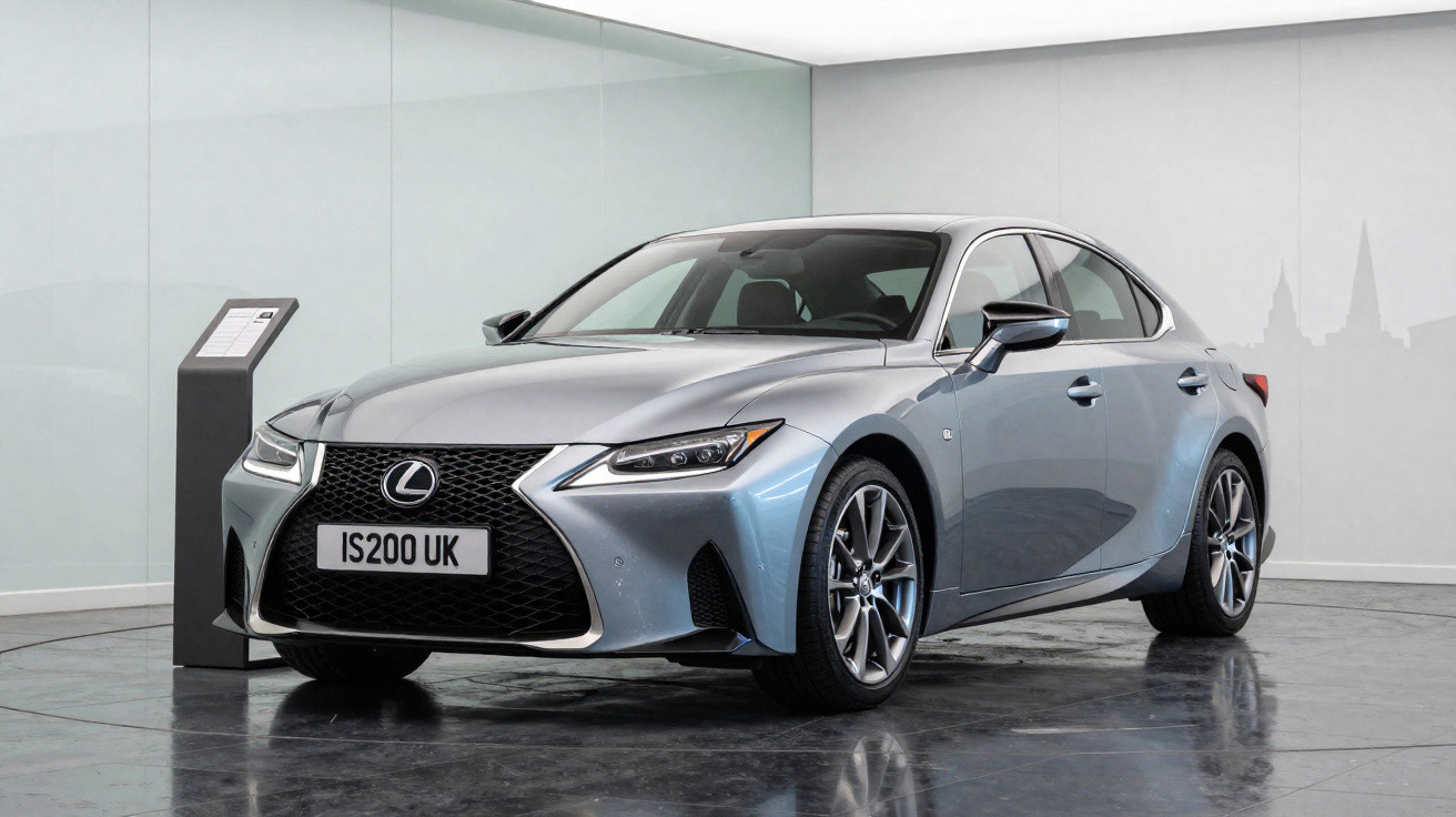 Carro sedan Lexus IS200 UK prata em showroom moderno com piso refletivo e parede branca.