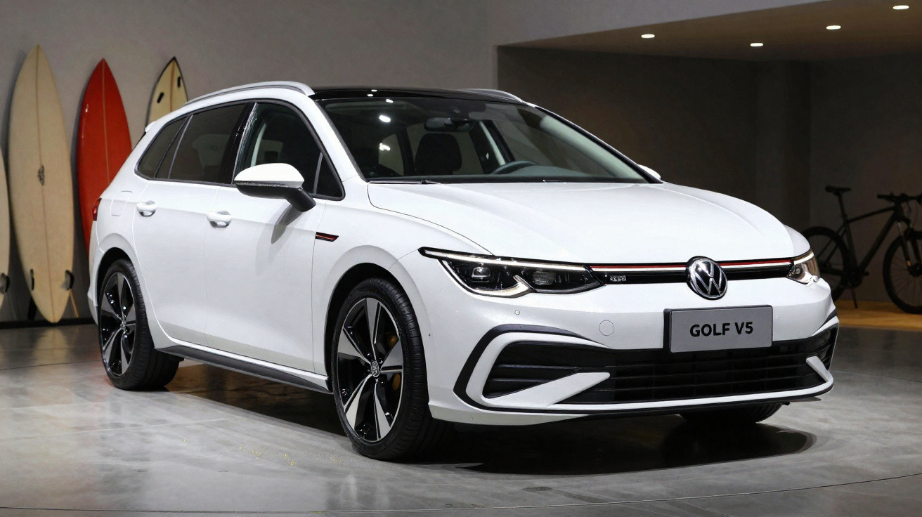 Carro Volkswagen Golf V5 branco estacionado em ambiente interno com pranchas de surf ao fundo.